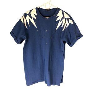 VTG Phillip Noel Womens Blue OS Studded Leather Oversized Glam 80s TShirt
